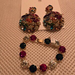 Red, green ,  & clear, gemstone costume bracelet with coordinating earrings